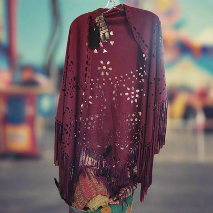 Faux Suede FRINGE Cut Shawl with Geometric Cutouts