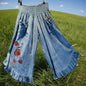 Bohemian Denim Ruffle Pants with Rose Embellishments