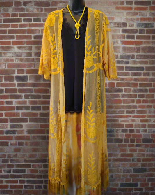 Golden Yellow Embroidered Lace Duster Kimono